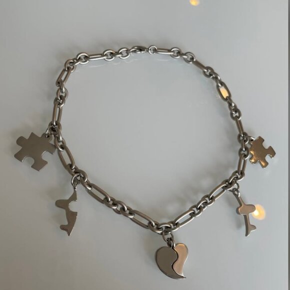 Silver Charm Necklace with Puzzle, Heart, and Airplane Charms - Picture 2 of 6